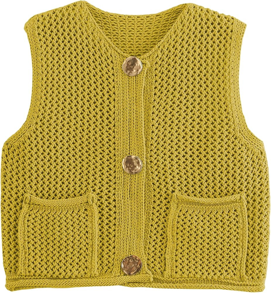 Hixiaohe Womens Vest Tops Crochet Knit Top Cute Button Sweater Vest Trendy Sleeveless Cardigan Sw... | Amazon (US)