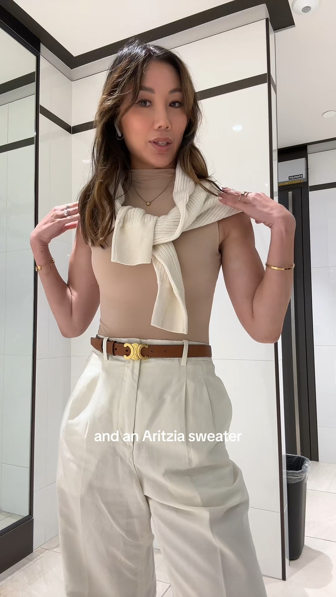 Casual work day outfit. With a bit of money aesthetic. With linen trousers from Uniqlo, bodysuit from pumiey and sweater from Aritzia. Accessorized with Celine Triomphe belt and sandals from Shein 

#LTKFind #LTKSeasonal #LTKstyletip