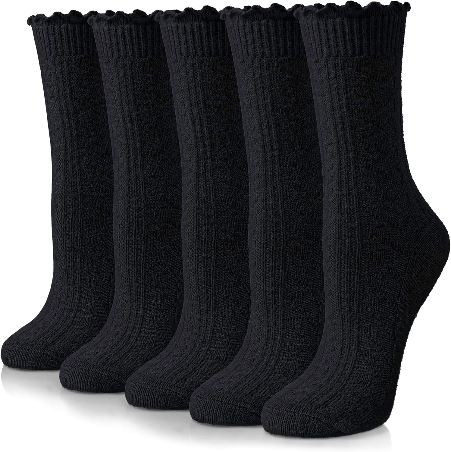 Womens Merino Wool Ruffle Socks Knit Warm Boot Winter Cozy Thermal Hiking Dress Crew Frilly Socks 5 Pairs | Amazon (US)