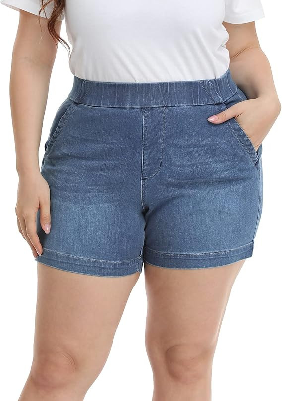 HDE Women's Plus Size Jean Shorts High Waisted Stretch Denim Pull On Shorts | Amazon (US)