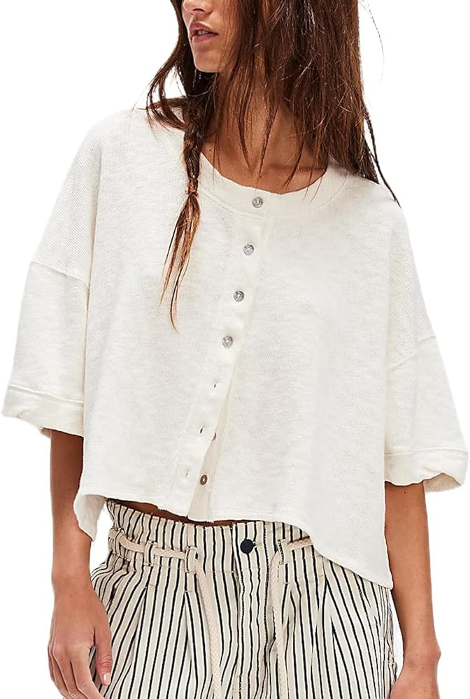 Short Sleeve Cardigans for Women Cropped Lightweight Caredigan Sweaters Button-Down Y2k Knitted C... | Amazon (US)