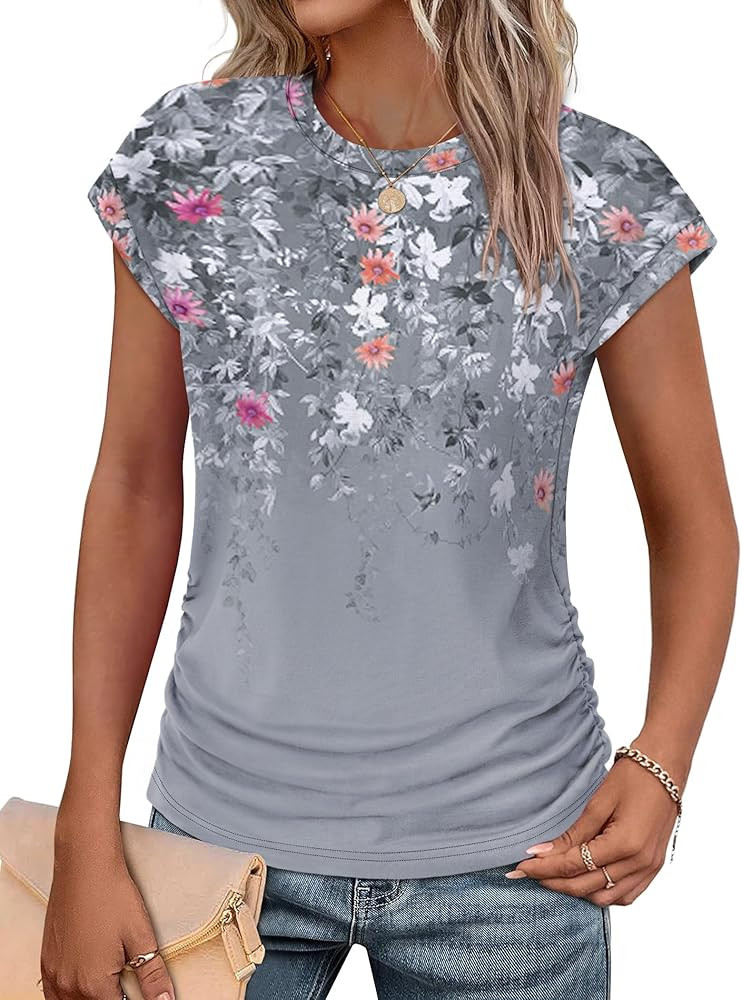 SAMPEEL Womens Summer Tops Trendy 2025 Ruched Cap Short Sleeve Tshirts Shirts Crew Neck T Shirts ... | Amazon (US)