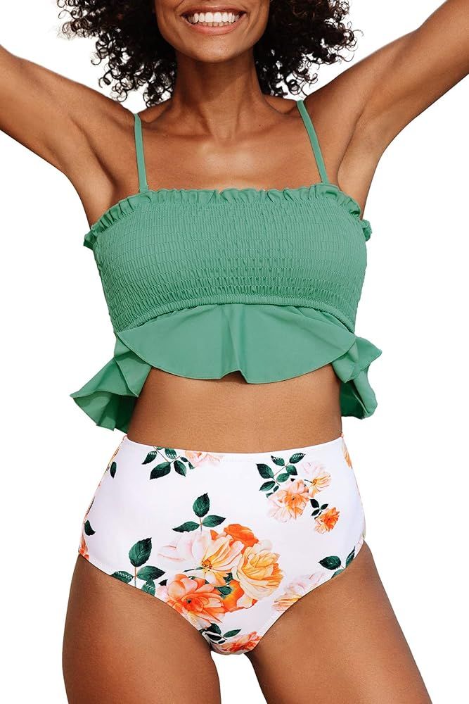 CUPSHE Women's High Waist Bikini Swimsuit Ruffle Smock Floral Print Two Piece Bathing Suit | Amazon (US)