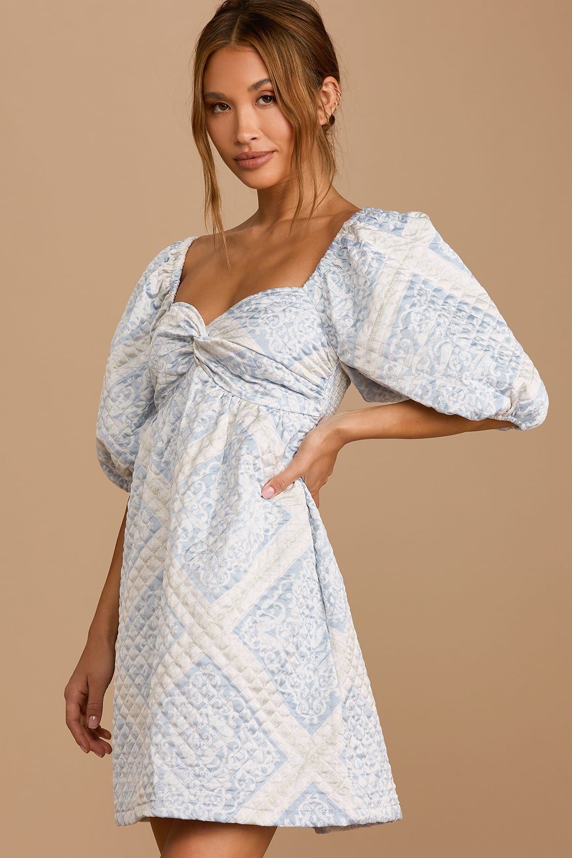 Aim to Impress Blue Print Quilted Satin Puff Sleeve Mini Dress | Lulus (US)