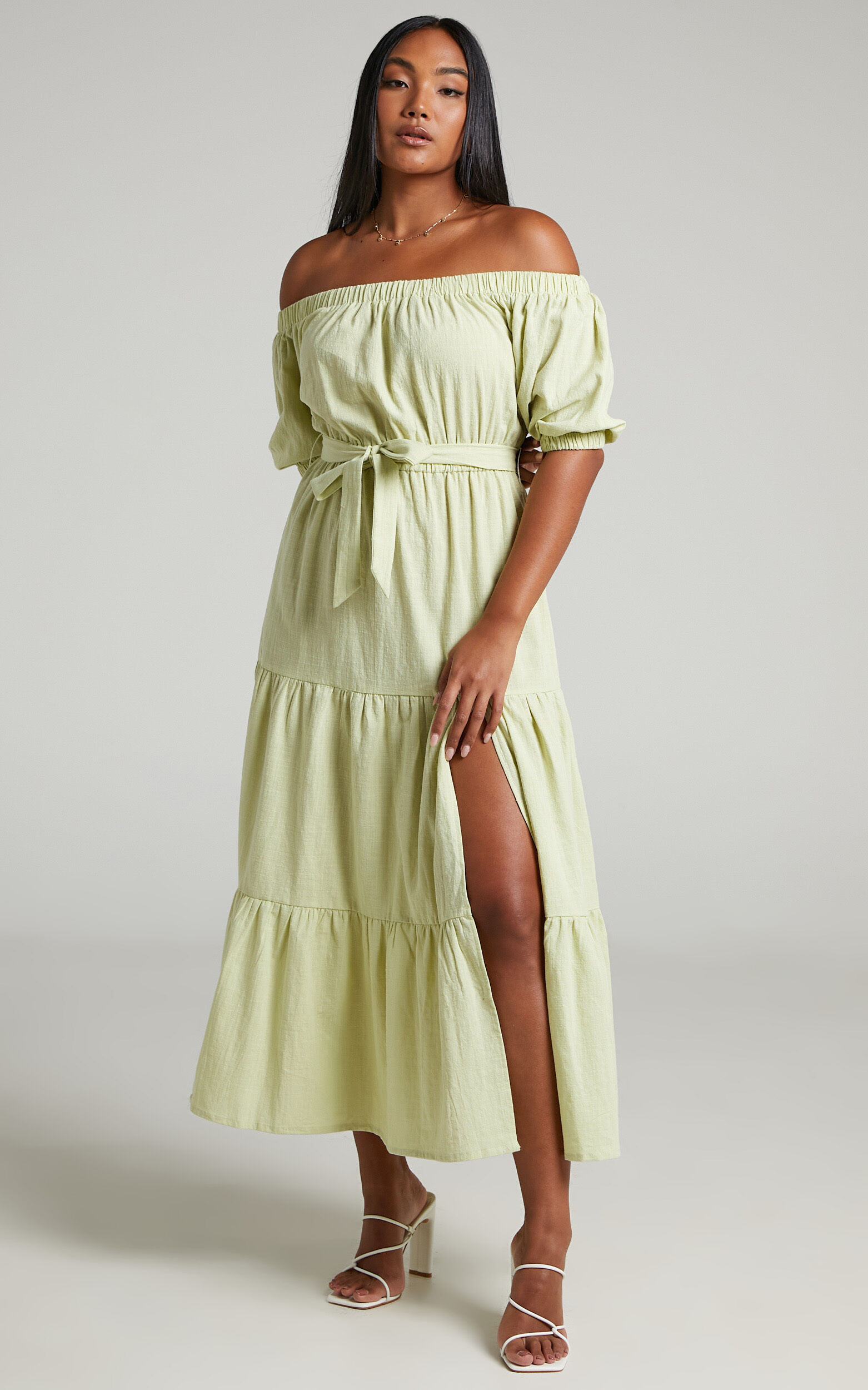 Leora off the shoulder tiered maxi dress in Sage | Showpo | Showpo - deactived