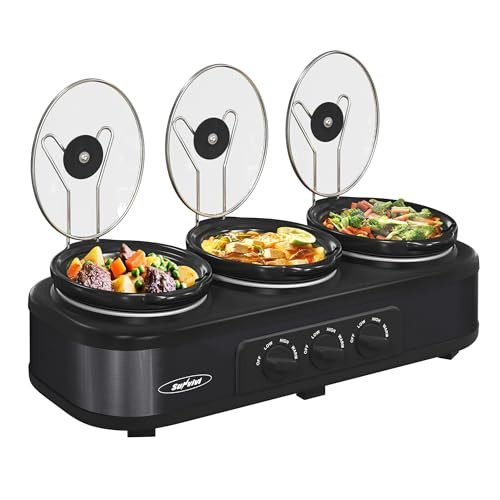 Sunvivi Triple Slow Cooker Buffet Servers and Warmer,3 Pot Food Small Mini Manual Slow Cooker with Adjustable Temp Stainless Steel Lid Rests,Removable Ceramic Pot, 3 * 1.5 Quarts Black | Amazon (US)