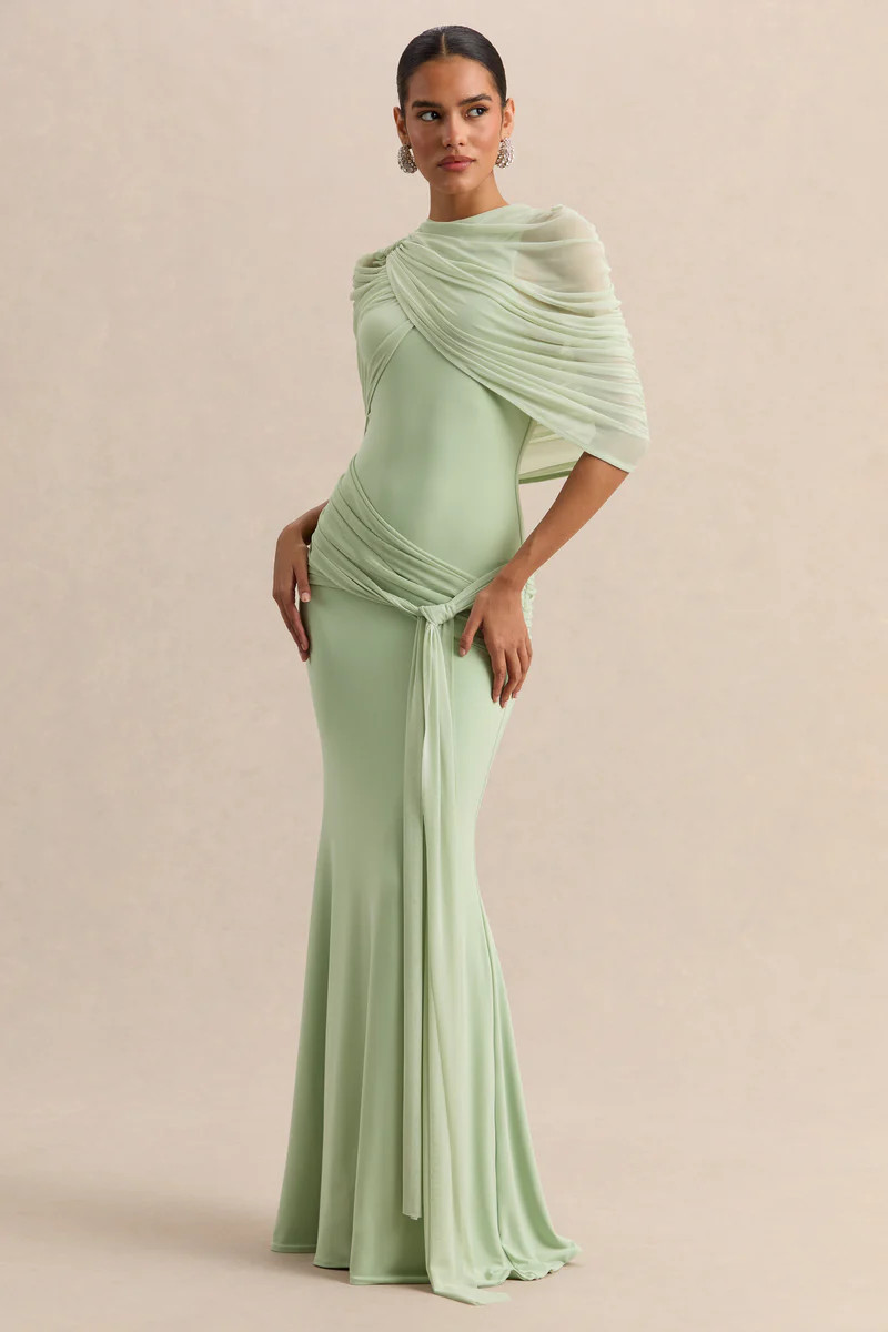 Mirene | Mint Round-Neck Maxi-Dress With Gathered-Detailing And Sash | Club L London