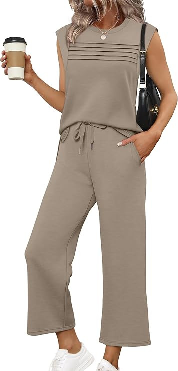 WIHOLL Two Piece Sets for Women Summer Spring Lounge Sets Travel Vacation Outfits Cap Sleeve Side... | Amazon (US)