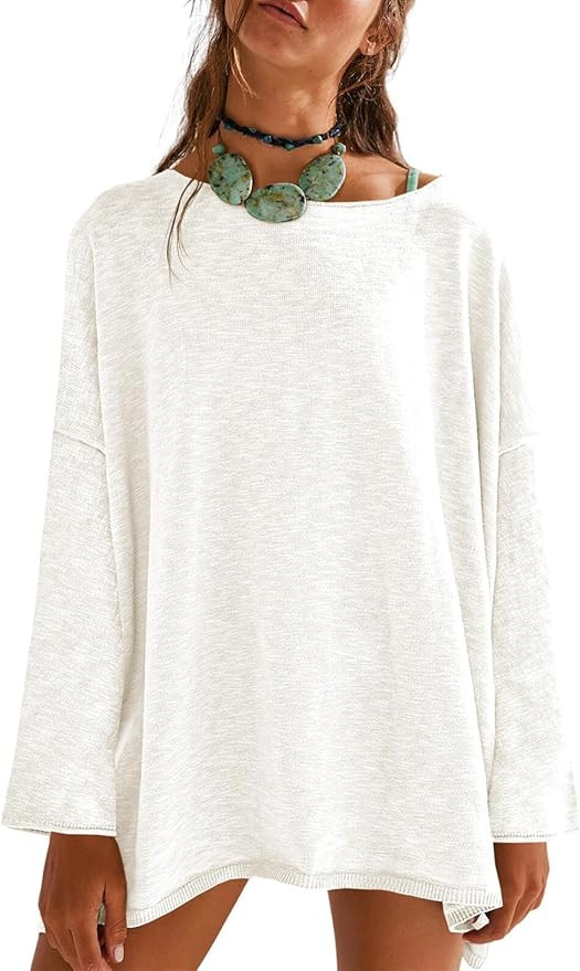 Tankaneo Womens Long Sleeve Shirts Oversized Lightweight Sweaters Crewneck Side Slit Hem Casual B... | Amazon (US)