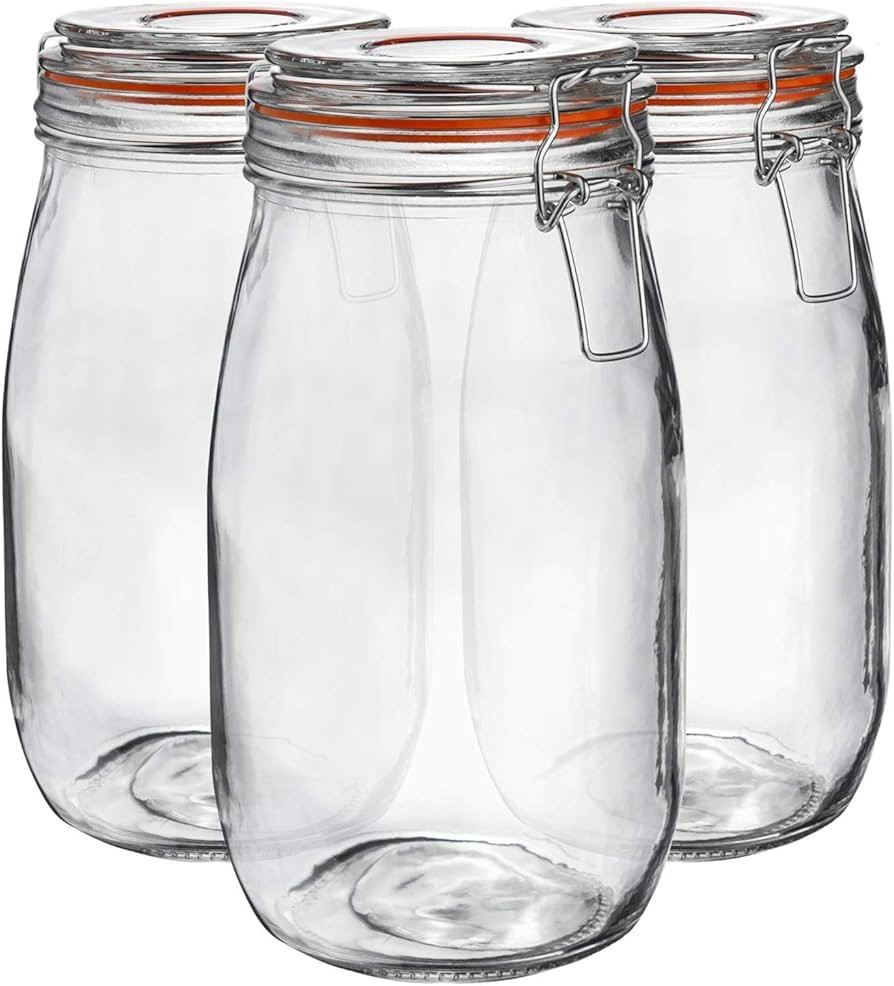 Argon Tableware 3x 1500ml (1.5 Litre) Clear Glass Storage Jars with Orange Airtight Silicone Seal... | Amazon (UK)