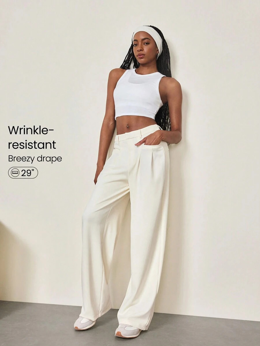 GLOWMODE Flex Work Wide Leg Belt Loop Pleated Pants With Side Pockets Daily Casual Office | SHEIN