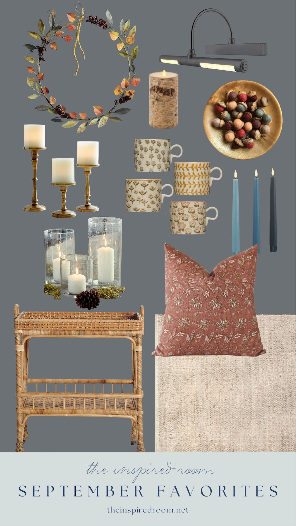 Inspired Room followers’ favorite decor in September! 

Felted acorns, rattan serving cart, rust floral pillow, jute cotton rug, brass pillar candlesticks, stamped mugs, blue taper battery candles, iron wreath, picture light, birch battery candle, seeded glass hurricane holders 

#LTKhome #LTKSeasonal #LTKfindsunder100