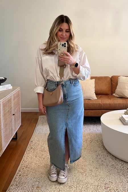 White button down shirt outfit // denim skirt, denim midi skirt, early fall outfit, Abercrombie button down, white button up shirt, casual outfit

#LTKSeasonal #LTKstyletip
