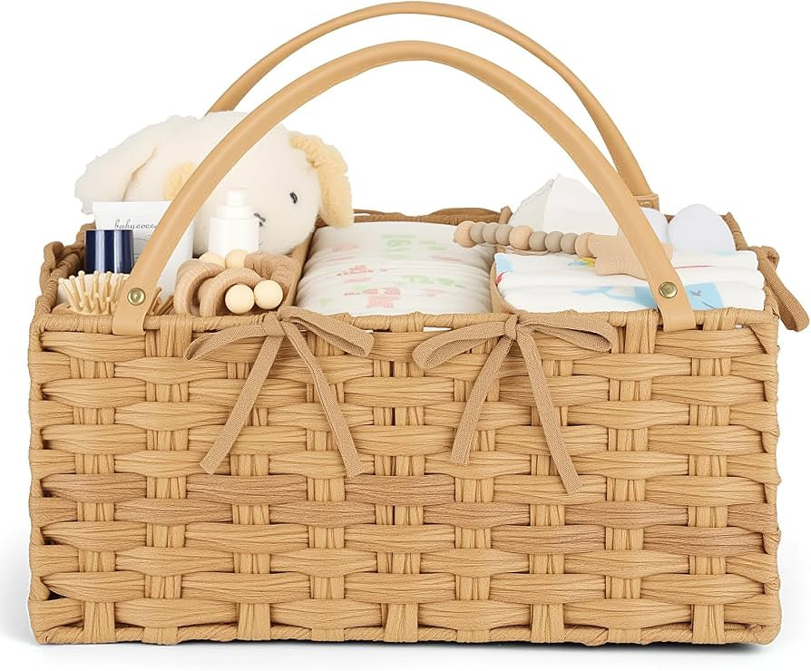 Diaper Caddy Organizer, Hand Rattan Nursery Storage Basket for Baby Essentials, Baby Changing Tab... | Amazon (US)