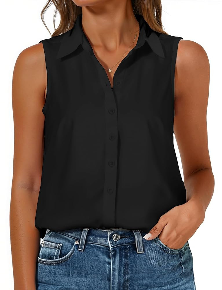Women's Sleeveless Button Down Blouse, Solid V Neck Classic Collared Tank Top, Casual Work Office... | Amazon (US)