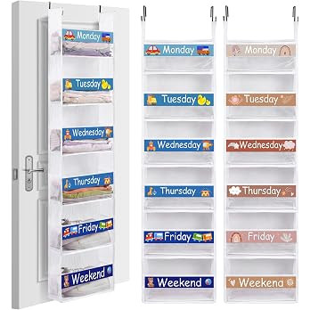 2 Pack Weekly Over the Door Organizer for Kids with 12 Side Pocket Hanging Clothes Organizer Clos... | Amazon (US)