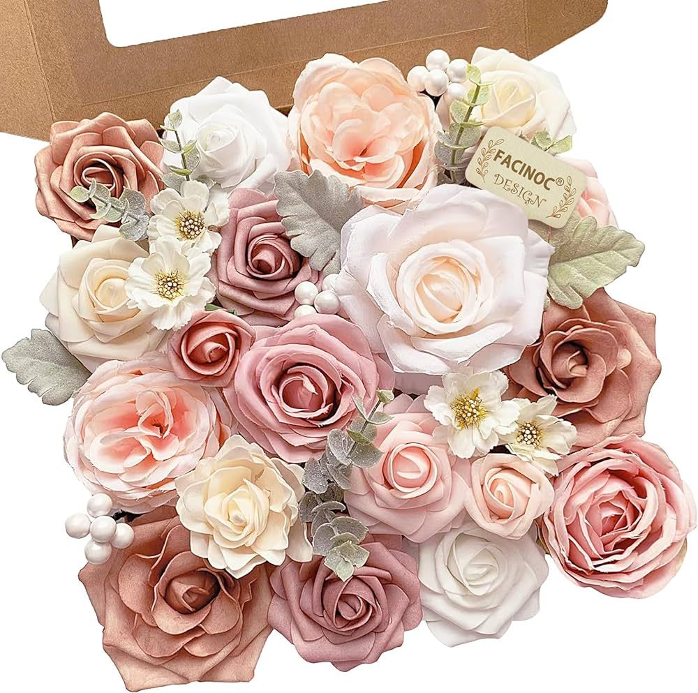 FACINOC Pink Rose Artificial Flowers Dusty Fake Flower with Stems Bulk for DIY Wedding Bouquets B... | Amazon (US)