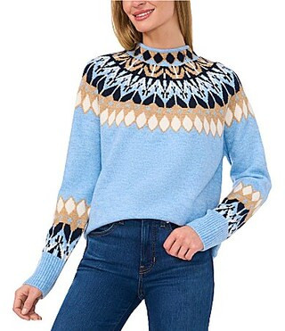 CeCe Jersey Long Sleeve Funnel Neck Fair Isle Print Sweater - S | Dillard's