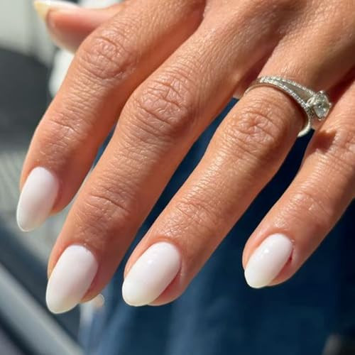 modelones Short Press on Nails, Oval Fake Nails Kit Press Ons with Nail Glue, Adhesive Tabs, Nail File, Prep Pad, Manicure Stick, 32Pcs 16 Sizes, Milky White, Christmas | Amazon (US)