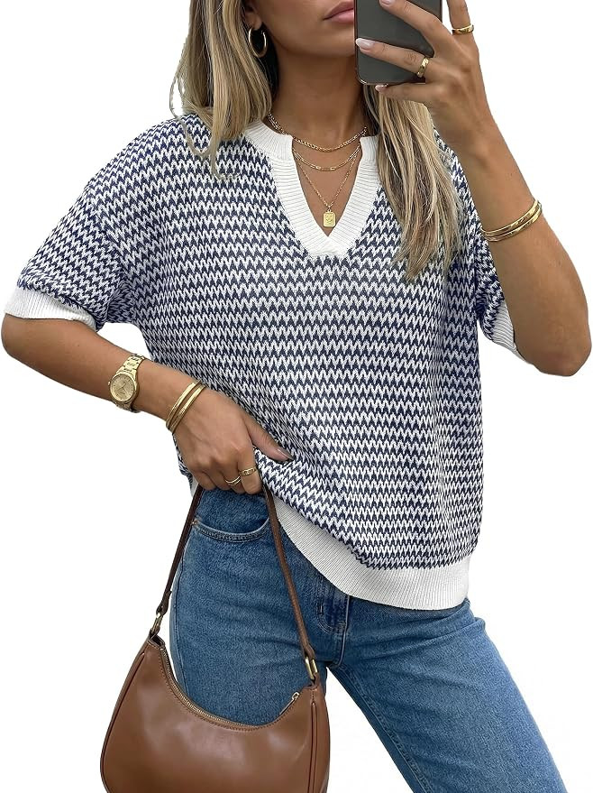 Arach&Cloz Women's 100% Cotton Polo V Neck Striped Short Sleeve Summer Casual Pullover Sweaters 2... | Amazon (US)