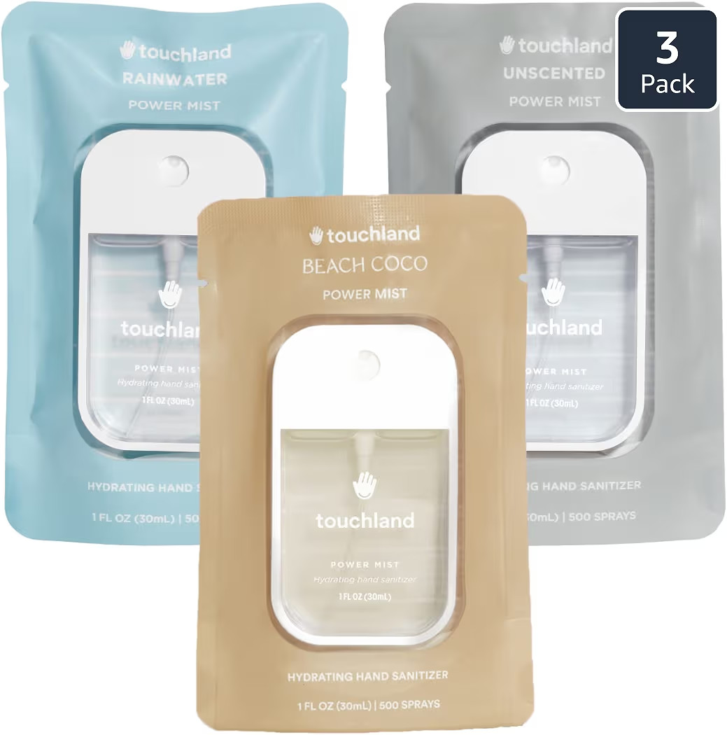 Touchland Hydrating Hand Sanitizer Spray, DYE FREE Trio Set (Rainwater, Unscented, Beach Coco), 1... | Amazon (US)