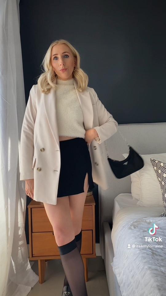 Holiday party ready 

Blazer, black skirt, loafers, holiday look, festive outfit, stockings 