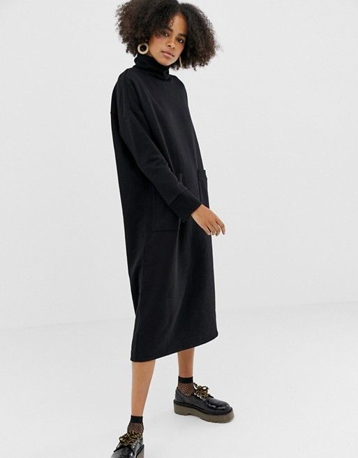 Monki roll neck midi dress with oversized pockets in black | ASOS US