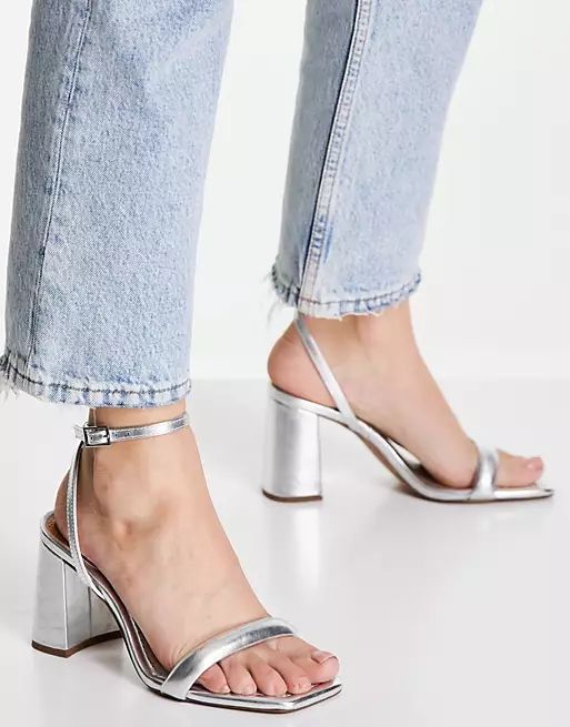 ASOS DESIGN Wide Fit Hilton barely there block heeled sandals in silver | ASOS (Global)