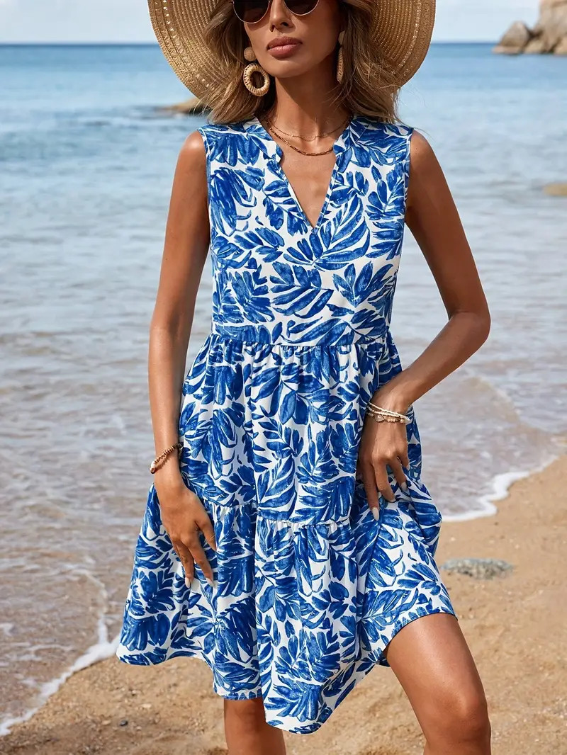 Allover Print Notched Neck Dress Vacation Style Sleeveless - Temu | Temu Affiliate Program