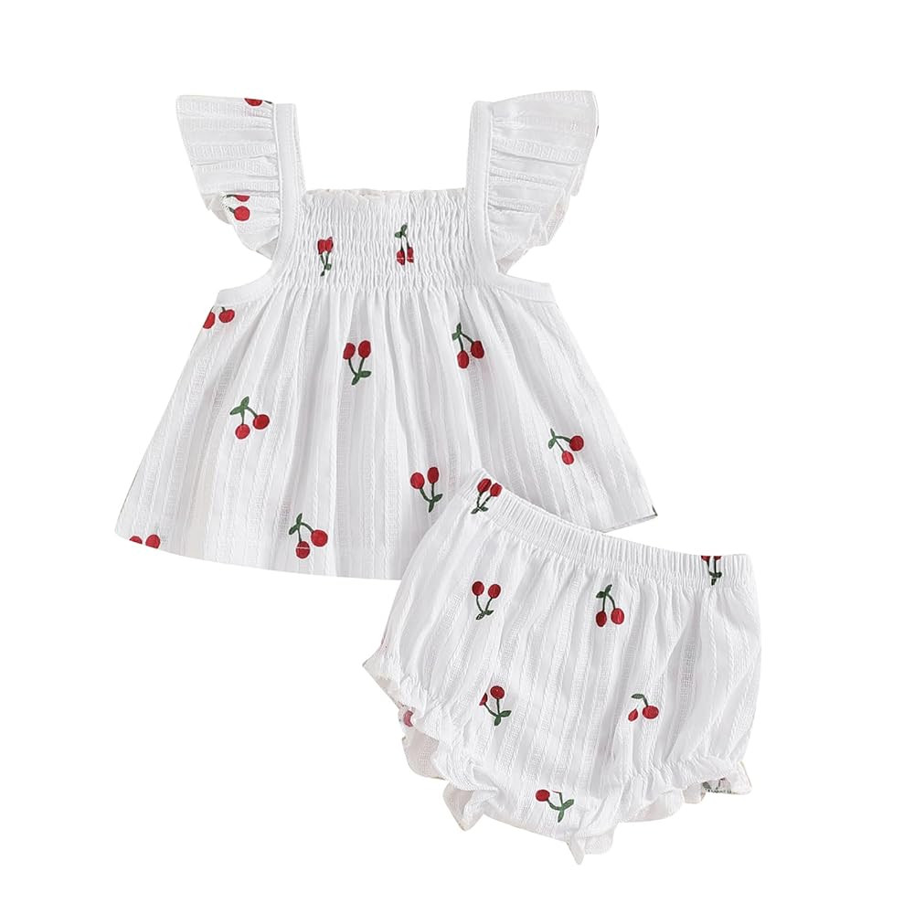 Toddler Baby Girl Outfit Cherry Linen Flying Sleeve Square Neck Tops and Ruffle Shorts Set Infant... | Amazon (US)