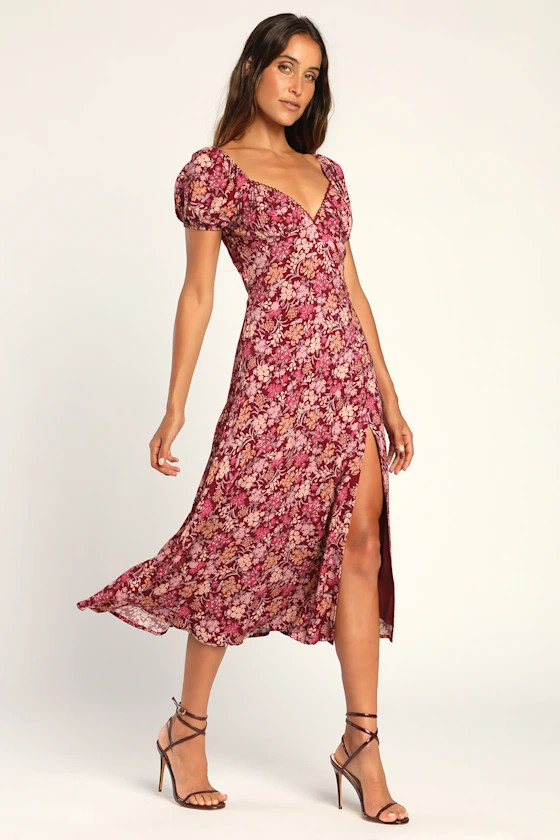 Meadow Muse Burgundy Floral Tie-Back Puff Sleeve Midi Dress | Lulus (US)