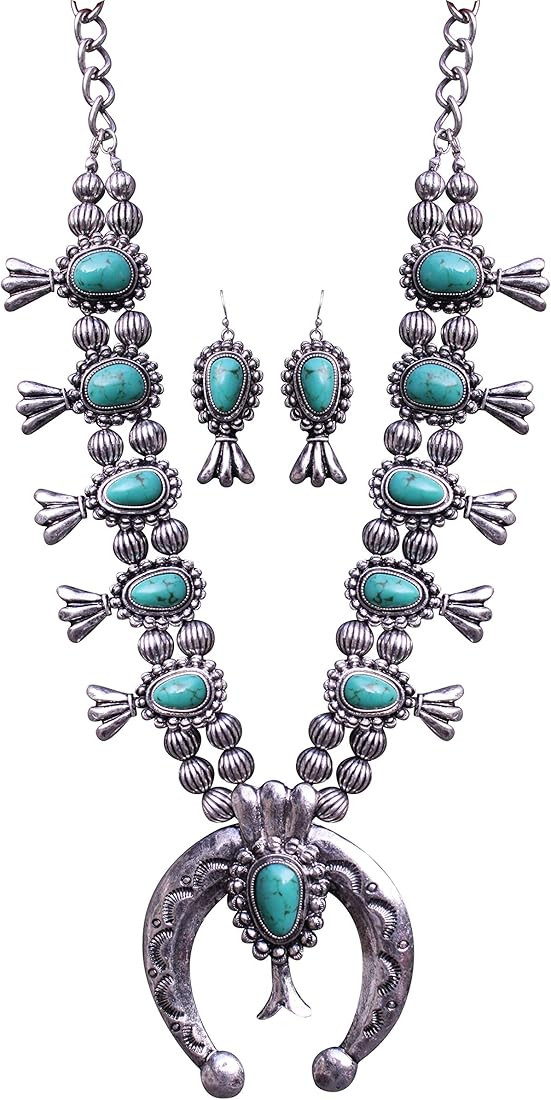 Turquoise Vintage Squash Blossom Metal Statement Necklace/w Earrings | Amazon (US)