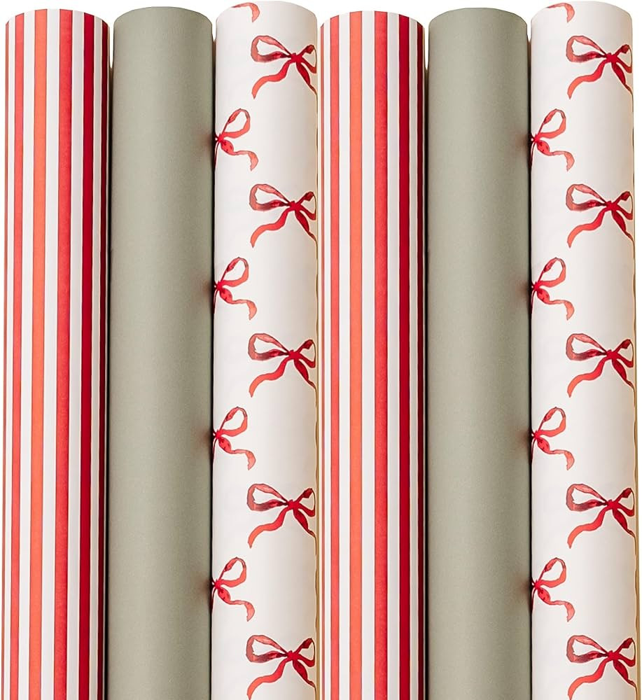 Merry Market 6-pack Premium Matte Christmas Wrapping Paper, Minimal Holiday Gift Wrap, 2 Bows, 2 ... | Amazon (US)