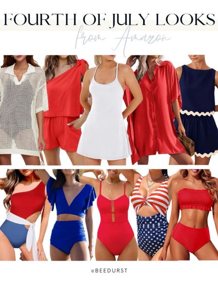 Fourth of July weekend outfits! Fourth of July looks from Amazon, 4th of July outfit, summer dress, Red White and Blue outfits, patriotic outfits, red swimsuit, white cover up, Fourth of July swimsuit, swimsuit coverup, summer outfit, Amazon swimsuits, sandals, vacation outfit, swimwear looks for vacation, resort wear, sunglasses, straw bags, affordable amazon vacation look, Miami outfit, summer beach vacation look, lake look, summer outfit

#LTKParties #LTKStyleTip #LTKFindsUnder50