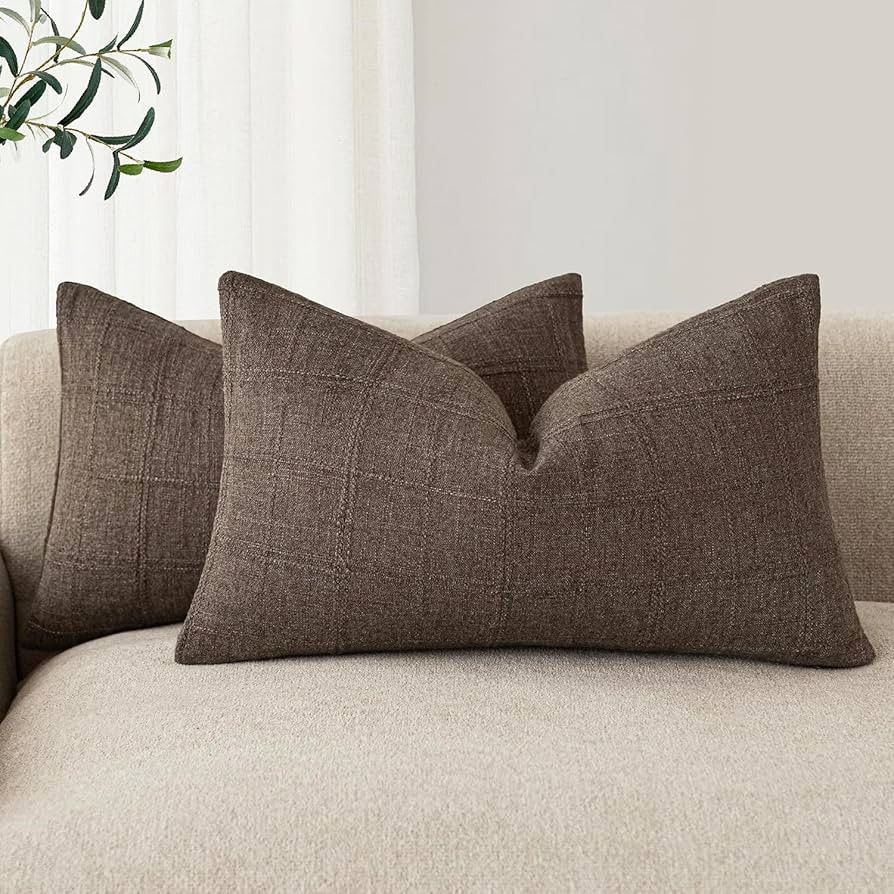 Foindtower Set of 2 Decorative Linen Check Throw Pillow Covers Neutral Farmhouse Lumbar Cushion C... | Amazon (US)