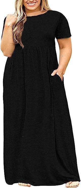 POSESHE Women's Plus Size Tunic Swing T-Shirt Dress Short Sleeve Maxi Dress with Pockets | Amazon (US)