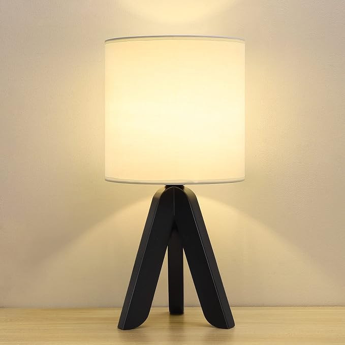 HAITRAL Wooden Tripod Table Lamp with Black Base, Small Table Lamp Bedsides Lamp with Linen Fabri... | Amazon (US)