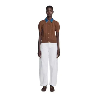 SANDRO Cardigan with denim collar in Grey at Nordstrom, Size X-Small | Nordstrom