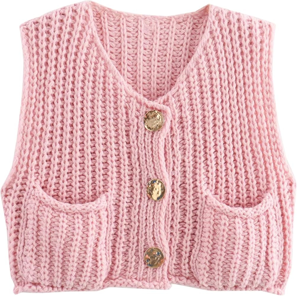 Women's Sleeveless Knit Cardigan Casual Button Down Cropped Knitted Sweater Vest with Pockets | Amazon (US)
