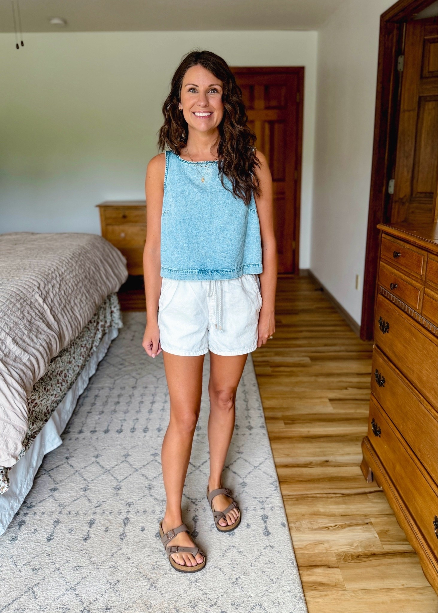 wearing xs in these white cotton/linen blend shorts. Loose and comfy and cute🤍🙌🏽 (they also come in a blue denim)

small petite in my denim tank (mine is last year-linked this year’s versions). My Birkenstock mayari sandals are size 36.

#LTKPetite #LTKgrwm #LTKootd
