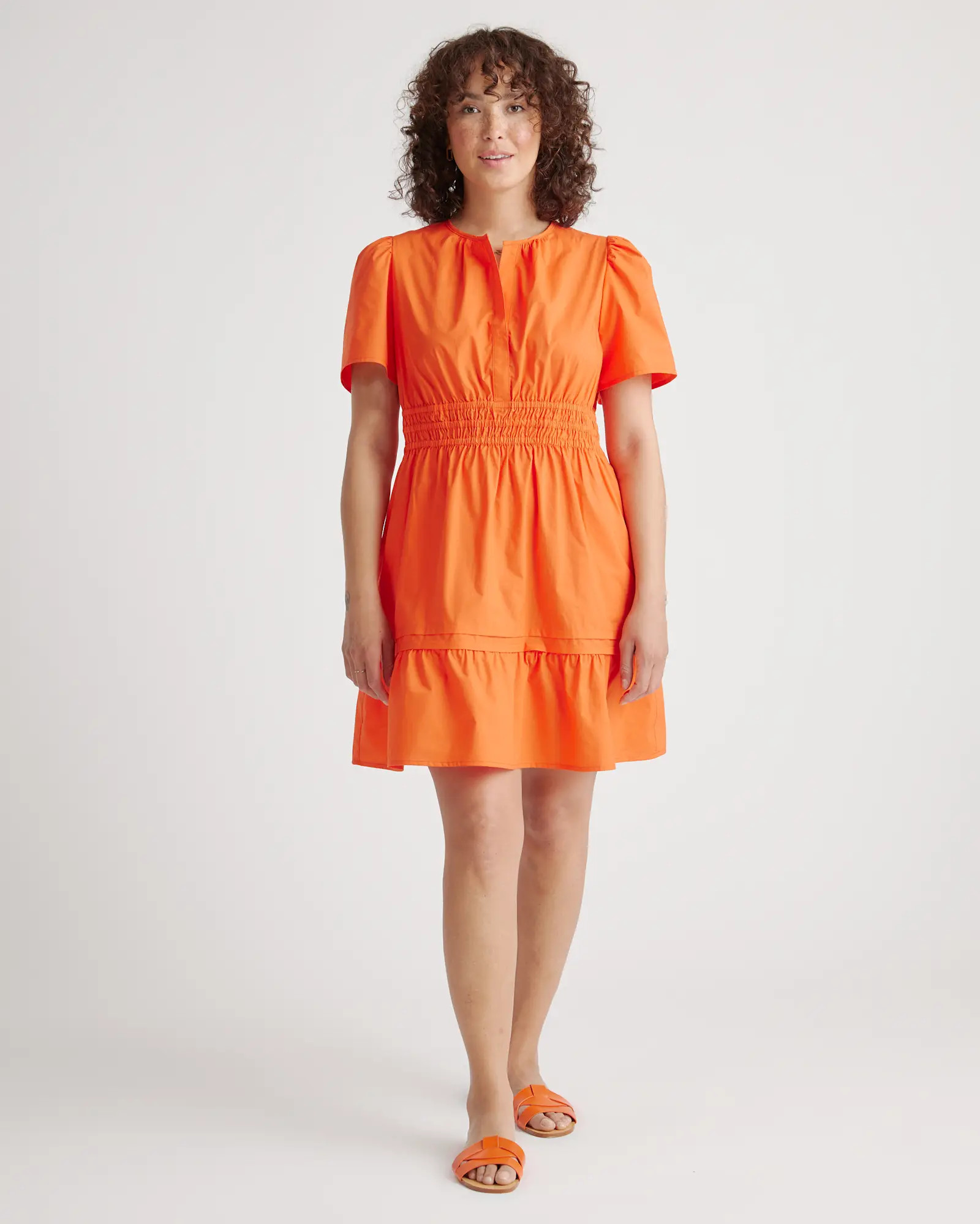 100% Organic Cotton Poplin Tiered Mini Dress in Vermilion Red | Quince