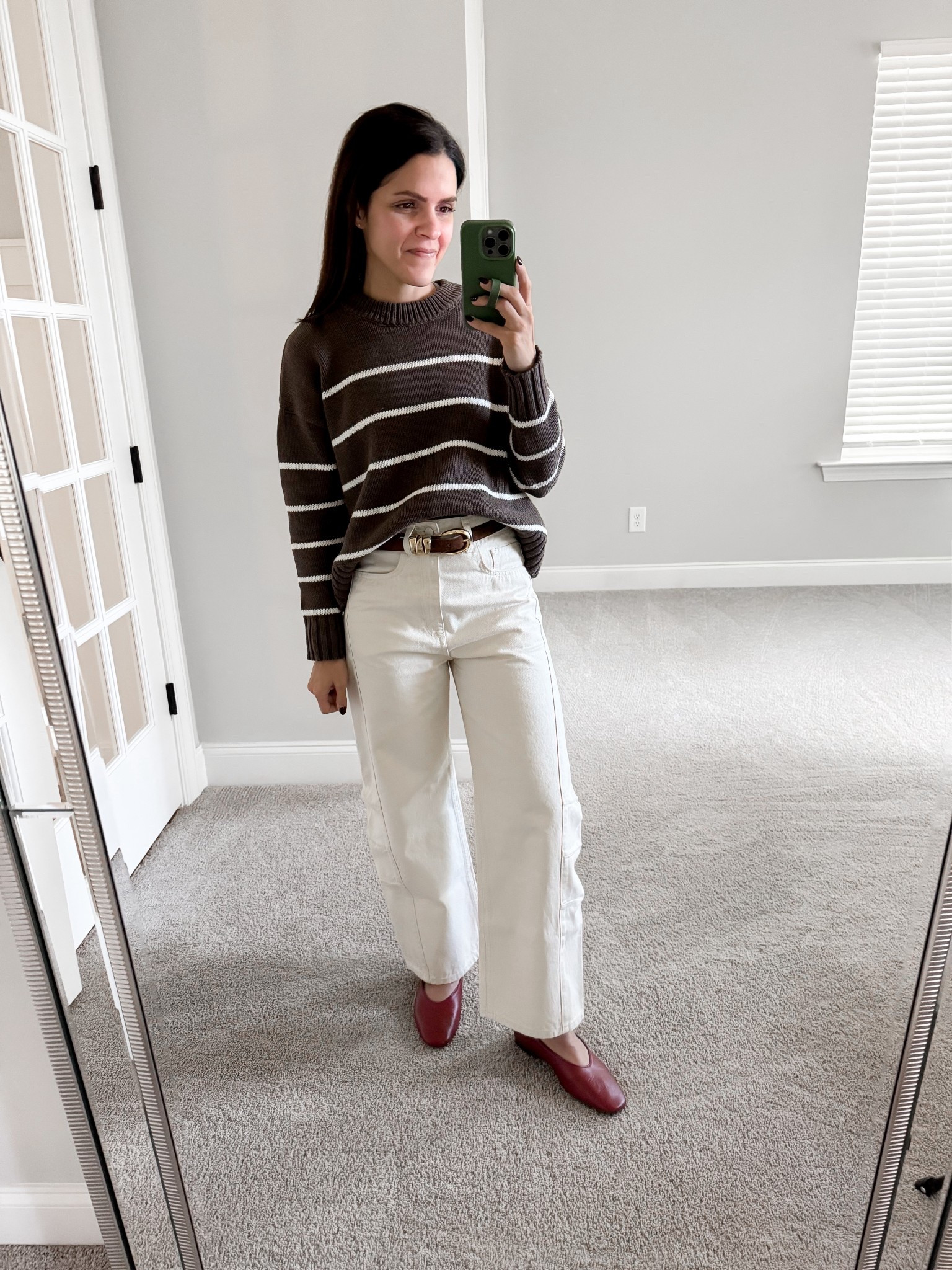What I wore:
Striped cotton sweater: old color way from Quince, XS
Barrel jean: Triarchy, linked similar
Ballet flat: Madewell, tts
Belt: Madewell 

#LTKStyleTip