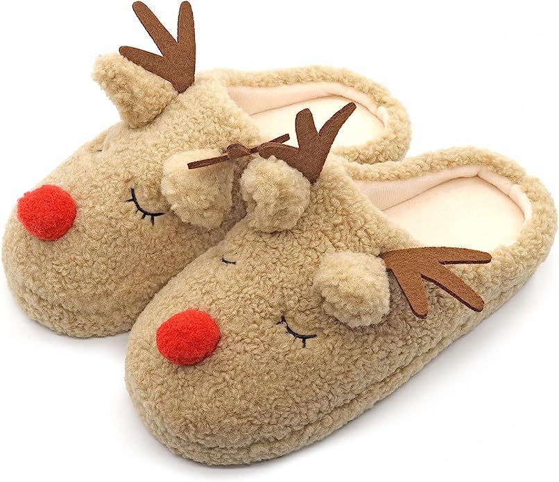 Skywheel Adults Reindeer Slippers for Womens Size 6-11 Christmas House Indoor Bedroom Furry Durab... | Amazon (US)