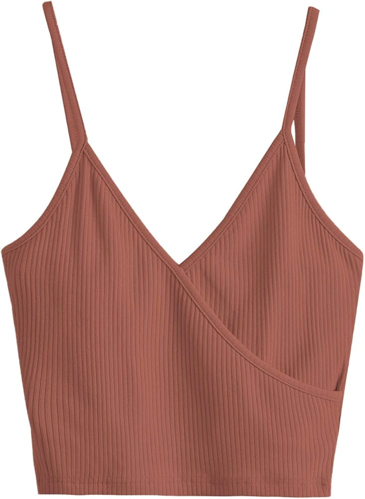 SheIn Women's Casual V Neck Ribbed Knit Overlap Front Crop Cami Top White Medium at Amazon Women... | Amazon (US)