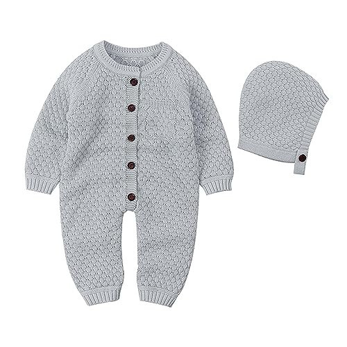 Newborn Baby Boy Girl Winter Clothes Knitted Sweater Romper Crewneck Solid Jumpsuit Hat Infant Fall (B, 0-3 Months) | Amazon (US)