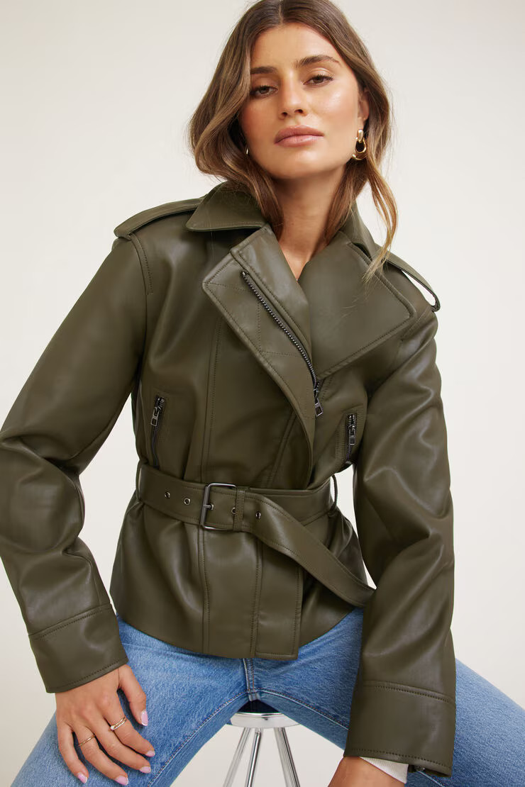 Belted Faux Leather Moto Jacket | Dynamite Clothing