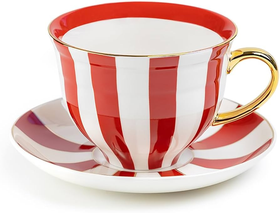 Grace Teaware Red Carousel Stripes Fine Porcelain 10oz Tea Coffee Cup and Saucer with Gold Handle | Amazon (US)