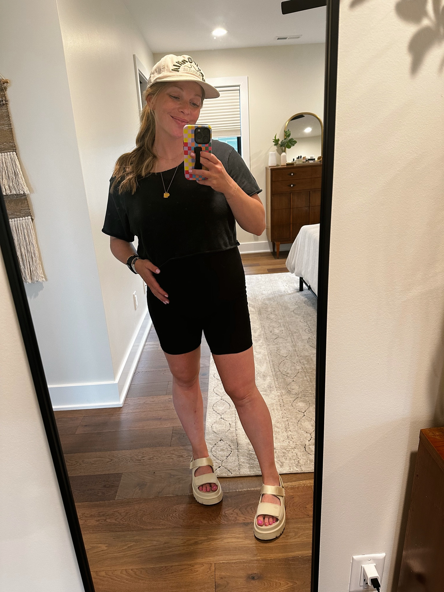 If in between sizes in the sandals, size down. Everything else fits true to size! Loving the ugh sandals and also have loved this maternity jumpsuit from target! 