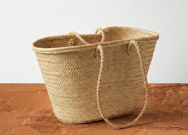 Large Handmade Moroccan Straw Basket Tote, Woven Palm Market Bag, Beach & Storage Basket, Short o... | Etsy (US)