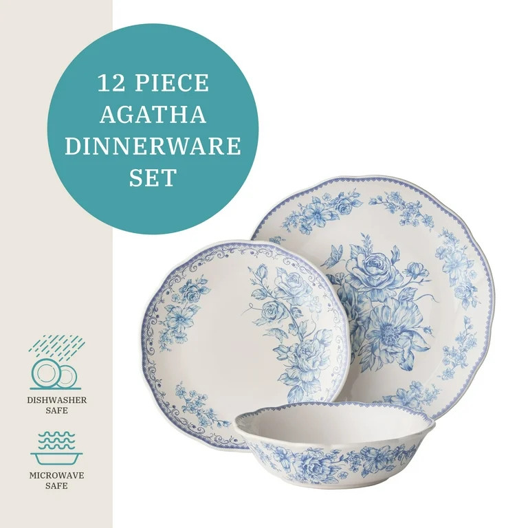 The Pioneer Woman Agatha 12-Piece Stoneware Dinnerware Set, Blue | Walmart (US)